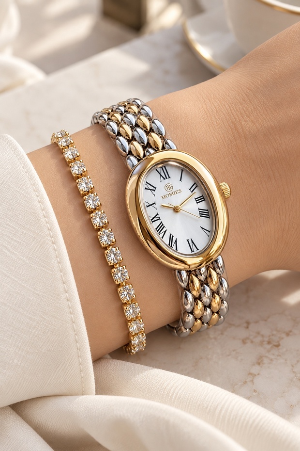 Women's Wristwatch Gold and Silver Color Gift Box and Bracelet.Hm25198S01-2