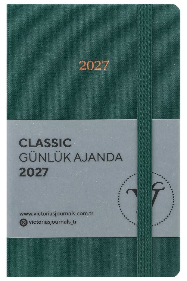 Classic 2027 Daily Planner – Linen Hard Cover, 9X14 Cm, Elastic, Pocket – Green