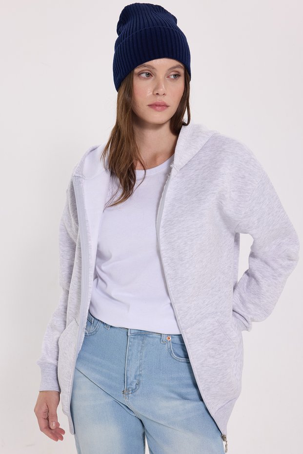 Women's Oversize Wide Cut 100% Cotton Hooded Zippered Pocketed Gray Sweatshirt