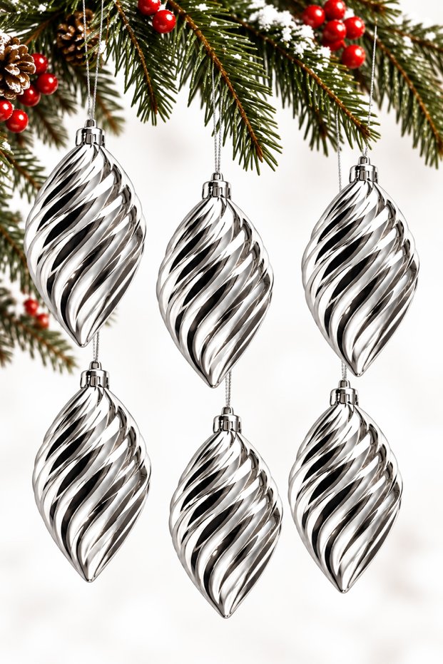 Set of 6 10 cm Spiral Patterned Christmas Pine Tree Ornaments