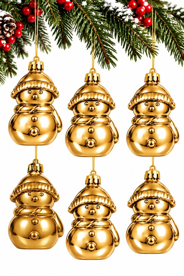 Set of 6 7.5 cm Snowman Christmas Pine Tree Ornaments