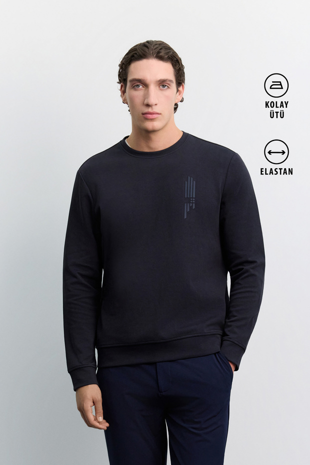 Men's Navy Blue Crew Neck Easy-Iron Printed Cotton Regular Fit Sweatshirt A62Y1297