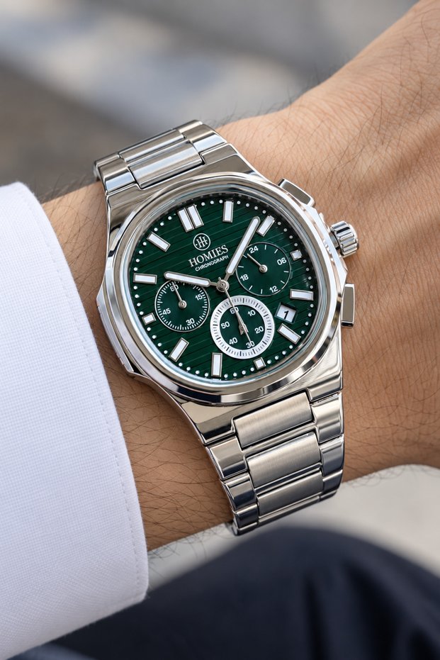 Men's Wristwatch Silver Color Green Dial Special Gift Box with Function of Day and Date.Hme2083C3