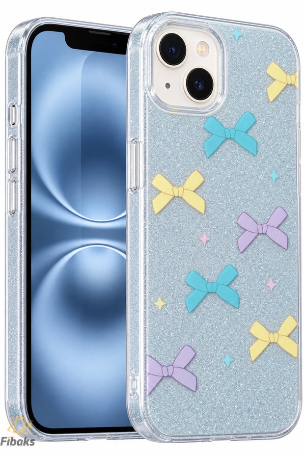 iPhone 14 Plus/15 Plus Case Blue Glittery Colorful Bow Pattern Shiny Shock Absorbing