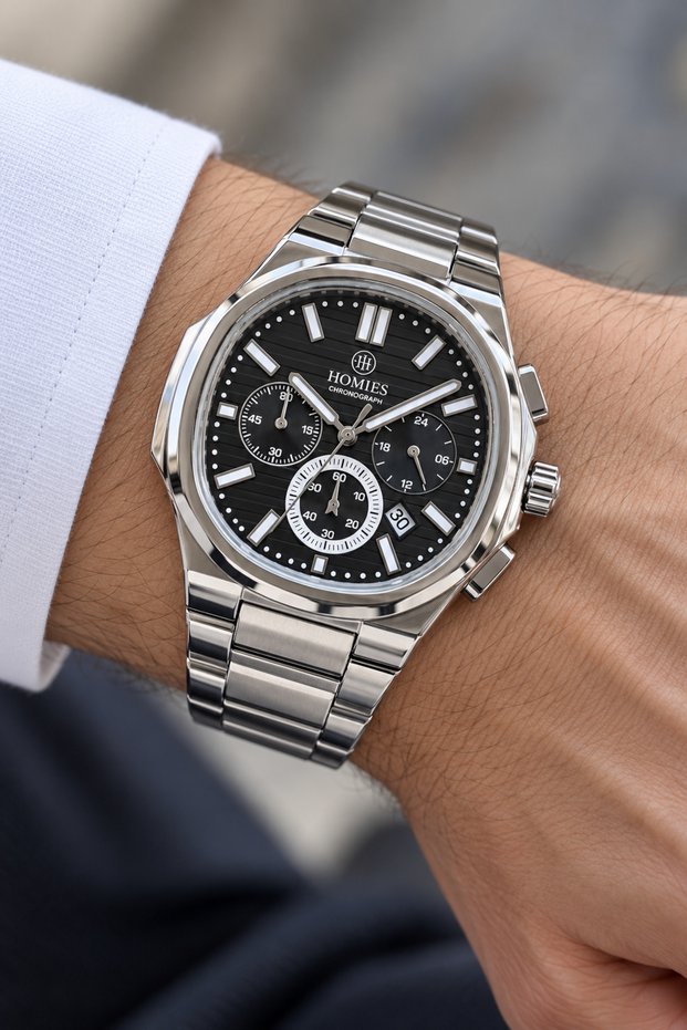 Men's Wristwatch Silver Color Black Dial Special Gift Box with Function of Functionality and Calendar.Hme2083C1