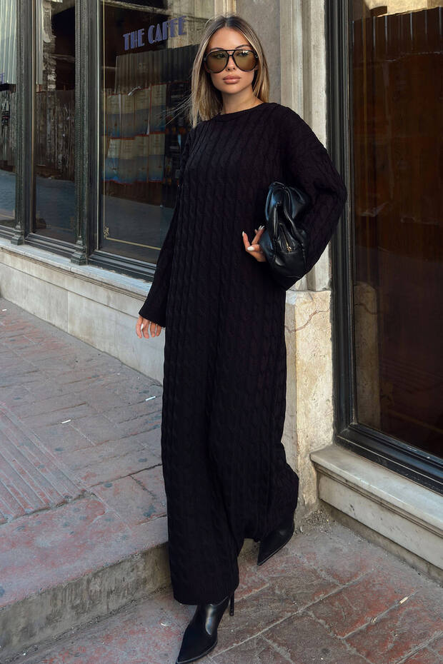 Black Crew Neck Braided Women's Knitwear Midi Dress
