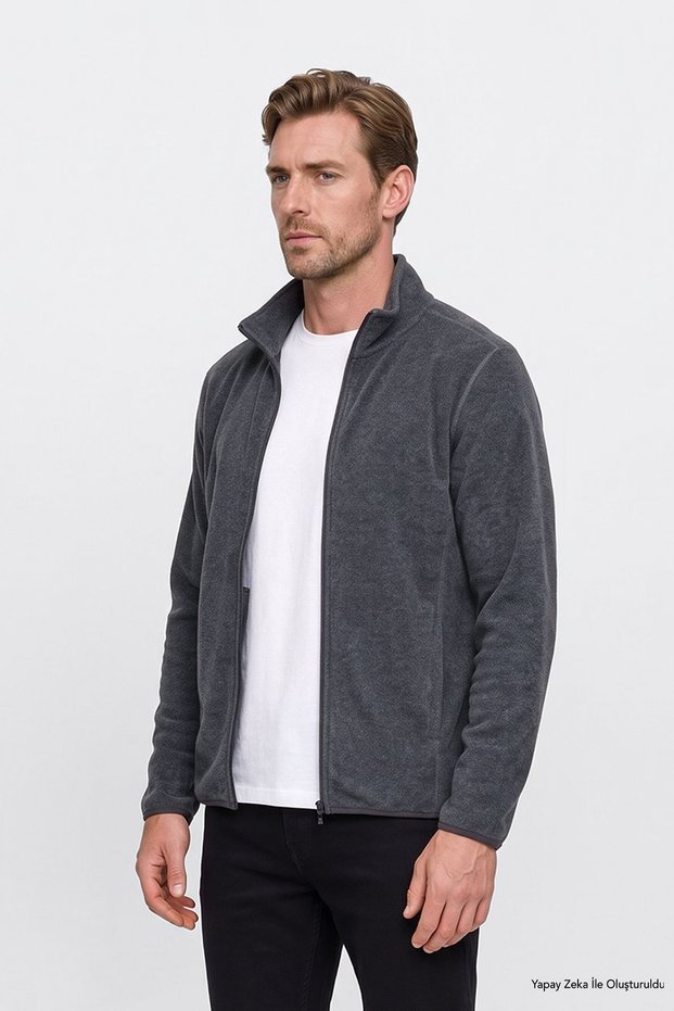 Men's Anthracite-melange Anti-pilling Non-pilling Standard Fit Stand-up Collar Sweatshirt Fleece Jacket