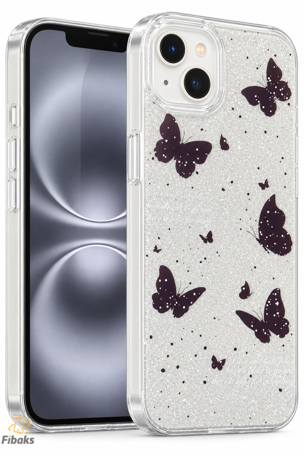 iPhone 14 Plus/15 Plus Case Silvery Black Butterfly Pattern Colorful Shiny Shock Absorbing