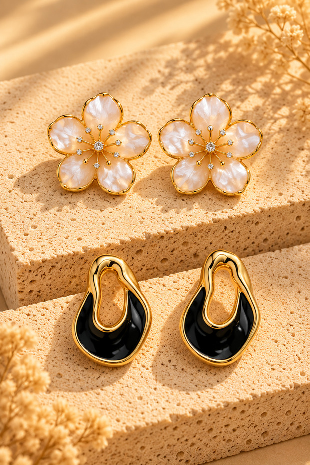 Women's Yellow Color 2-Piece Earring Set with Enamel Flower and Black Asymmetric Enamel Earrings