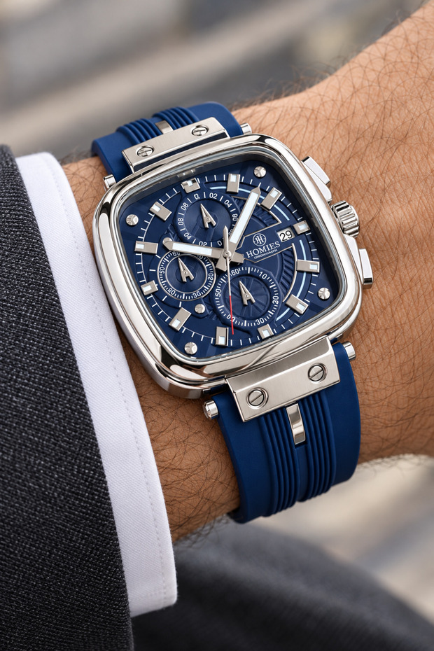Men's Watch - 3 Atm - Navy Blue Color Silicone Band - Function and Calendar-Gift Box Hme2082C1