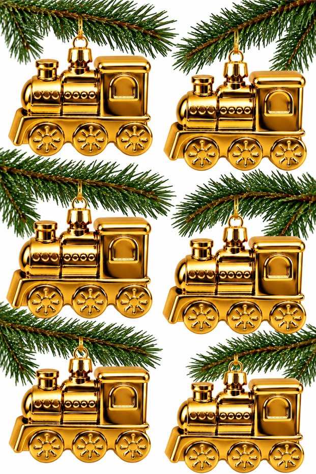 6-Piece 8 cm Christmas Pine Tree Ornament with Train Figures