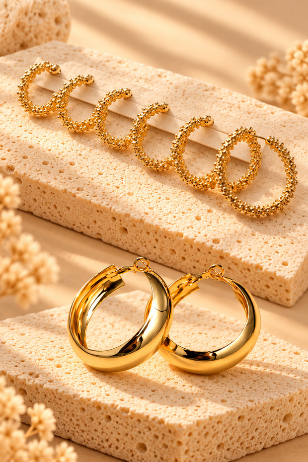 Women's Yellow Color 8-Piece Loop Hoop Earrings and 6-Piece Serrated Earrings Set