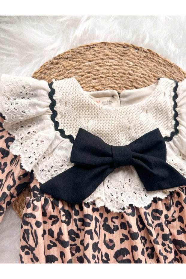 Amelia Leopard Print Lace Collar Detailed Bowknot Baby Girl Kids Romper