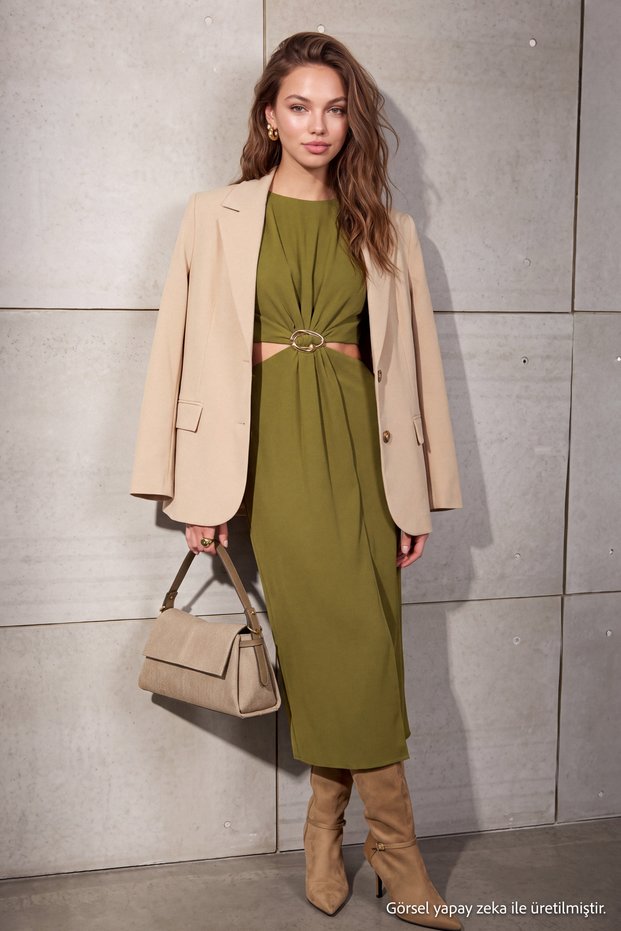 Olive Green A-Line Waist Cutout and Accessory Detail Maxi Woven Crepe Dress TWOSS25EL00017