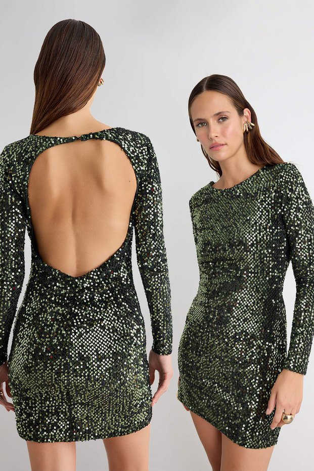 Khaki Backless Long Sleeve Bodycon/Body-Hugging Short / Mini Knitted Sequin Dress Tpraw27El00039