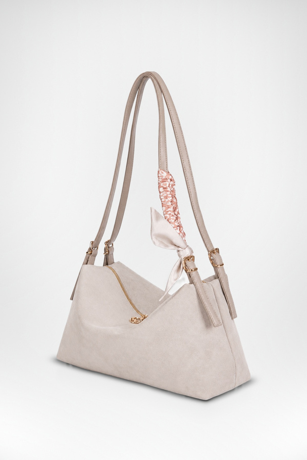 Women's Şebnem Suede Shoulder Bag with Bow, Lined, Zippered, and Includes a Scarf as a Gift.