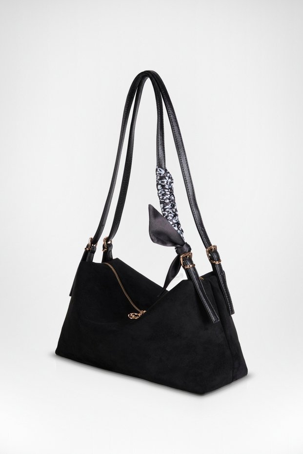 Women's Şebnem Black Suede Bow Scarf Gift Strap Lined Zippered Shoulder Bag
