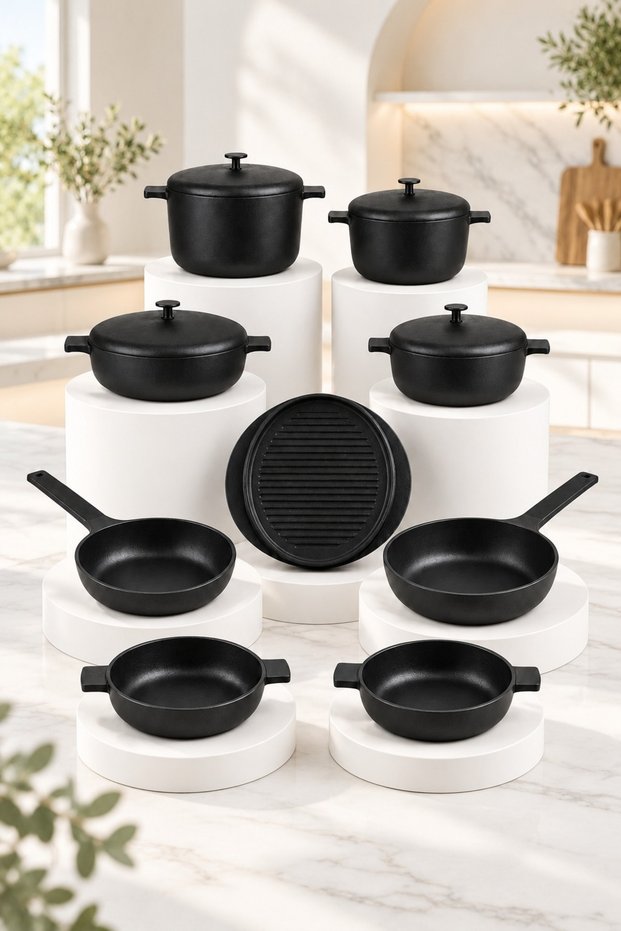Pro Grade Cast Granite 13 Piece Dowry Set Black