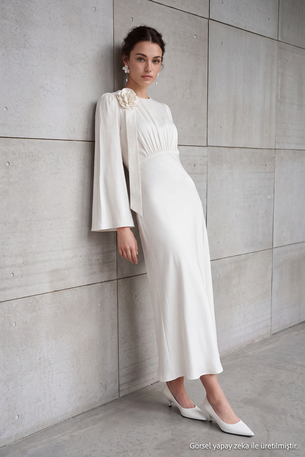 Cream Rose Detail Wedding / Special Occasion Woven Satin Evening Dress TCTSS24DB00043