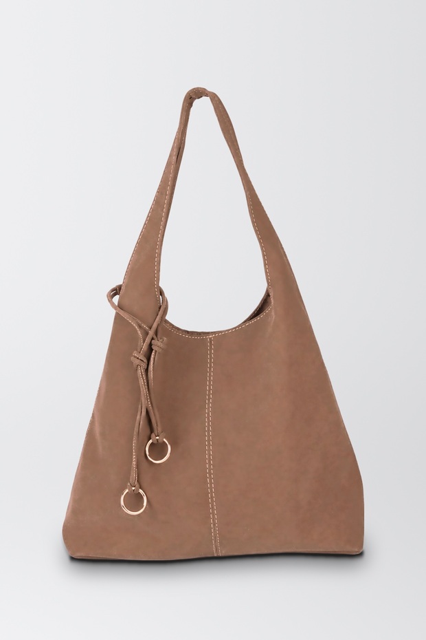 Women's Geranium Taupe Color Nubuck Hobo Shoulder Bag with Ring Lacing Details and Lining