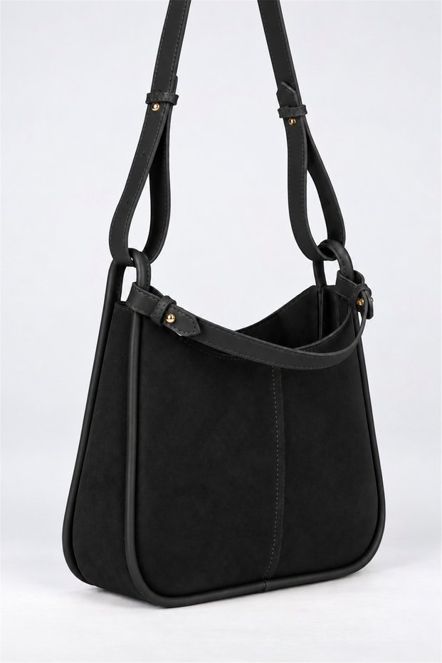 Women's Selvi Black Suede Piping Detailed Double Strap Zipper Closure Shoulder Bag