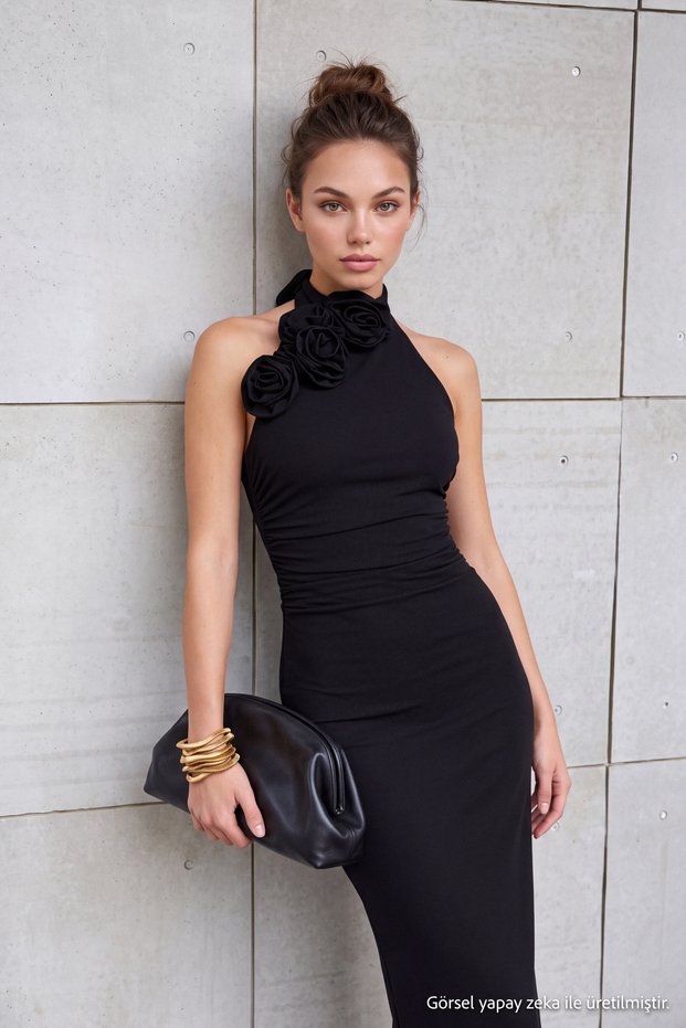 Black Rose-Detail Woven Long Elegant Evening Graduation Dress TPRSS24AE00011