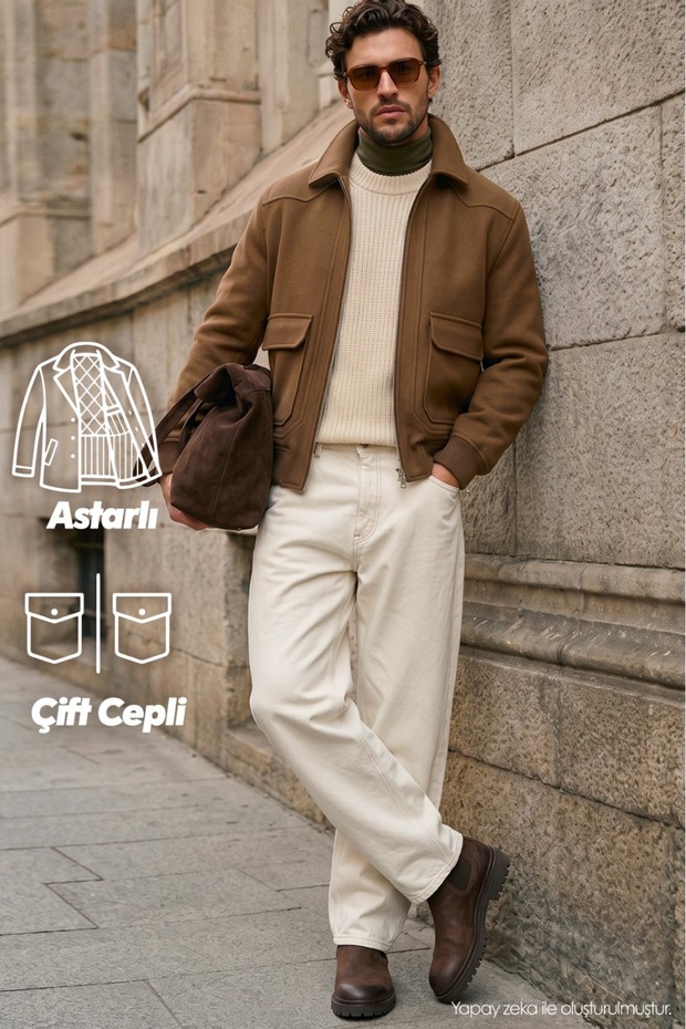 Men's regular fit comfortable cut zippered lined double pocket detailed brown jacket