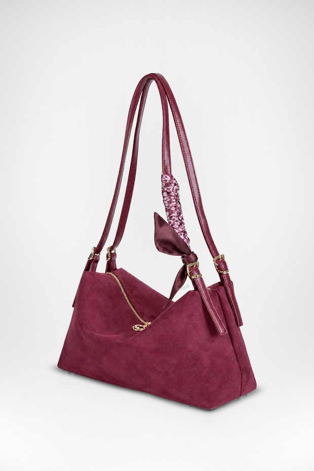 Women's Şebnem Burgundy Suede Bow Scarf Gift Strap Lined Zippered Shoulder Bag