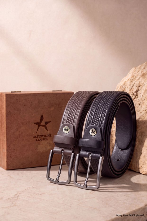 Men's Black-Brown Special Wooden Gift Boxed 2-Piece Suit Belt Groom's Pack