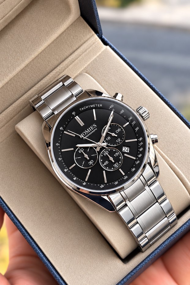 Men's Wristwatch with Steel Band, 3 ATM Waterproof, Japanese Movement, Gift Box, and Bracelet. HM18181S05-1