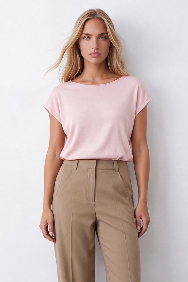 Women's pink crew neck short sleeve knit blouse alc-x15656