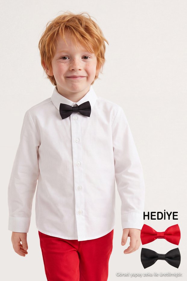 White Boys' Cotton Long-Sleeve Shirt with a 2-Piece Bow Tie Set TKDAW27GO00027