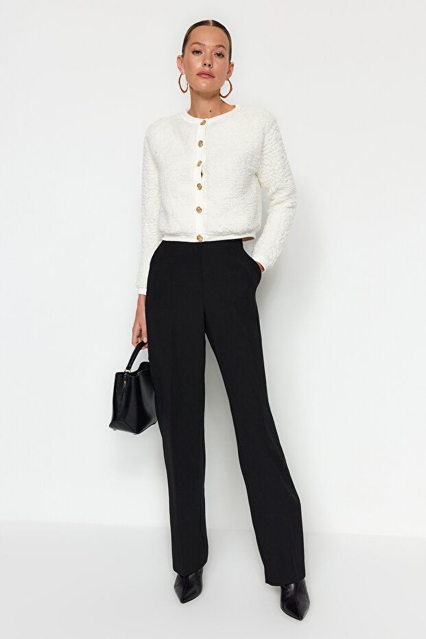 Ecru Gold Buttoned Plush Crop Knitted Cardigan TWOAW24HI00412