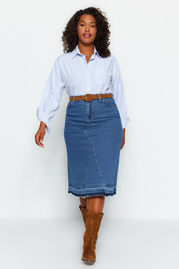 Mavi Renk Bloklu Denim Etek TBBAW24AZ00025 - 7
