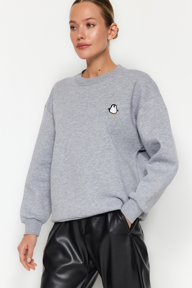 Gri Animal Nakışlı Regular/Normal Kalıp Kalın İçi Polarlı Örme Sweatshirt TWOAW24SW00196 - 3