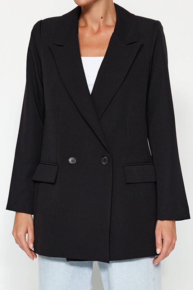 Siyah Regular Astarlı Kruvaze Kapama Dokuma Blazer Ceket TWOSS20CE0059 - 6
