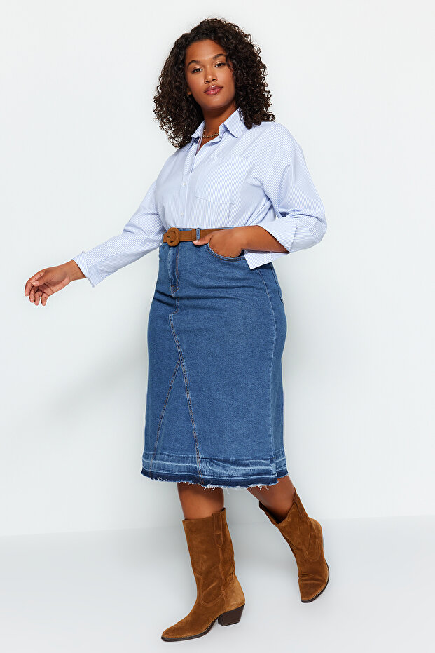 Mavi Renk Bloklu Denim Etek TBBAW24AZ00025 - 9
