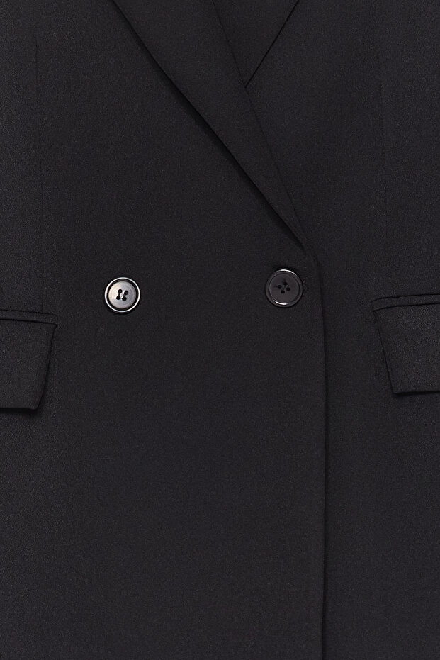 Siyah Regular Astarlı Kruvaze Kapama Dokuma Blazer Ceket TWOSS20CE0059 - 5
