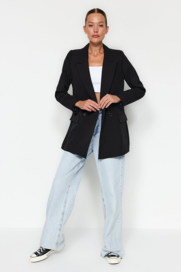 Siyah Regular Astarlı Kruvaze Kapama Dokuma Blazer Ceket TWOSS20CE0059 - 1