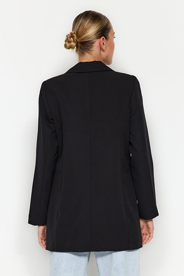 Siyah Regular Astarlı Kruvaze Kapama Dokuma Blazer Ceket TWOSS20CE0059 - 7