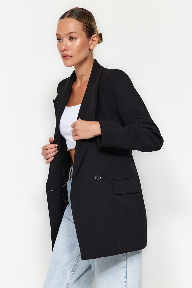 Siyah Regular Astarlı Kruvaze Kapama Dokuma Blazer Ceket TWOSS20CE0059 - 3