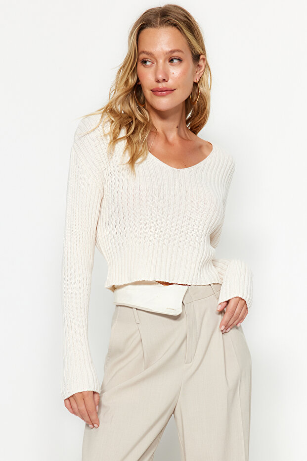 Ekru Crop Basic V Yaka Triko Kazak TWOAW24KZ01214 - 7