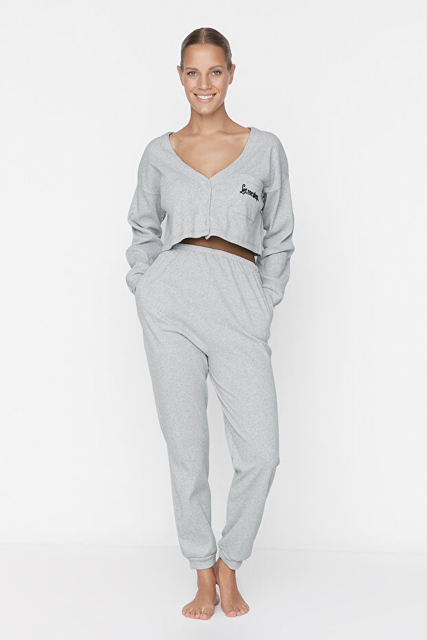 Szary komplet piżam z dzianiny bawełnianej ze sznurkiem THMAW22PT0511 - 5