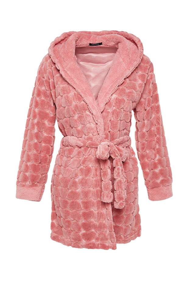 Pembe Kuşaklı Kalpli Polar Kışlık Örme Sabahlık THMAW24SB00002 - 7