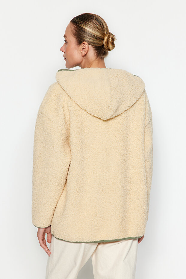 Ekru Kalın Kontrast Biyeli Kapüşonlu Relaxed/Rahat Kalıp Örme Sweatshirt TWOAW24SW00021 - 5