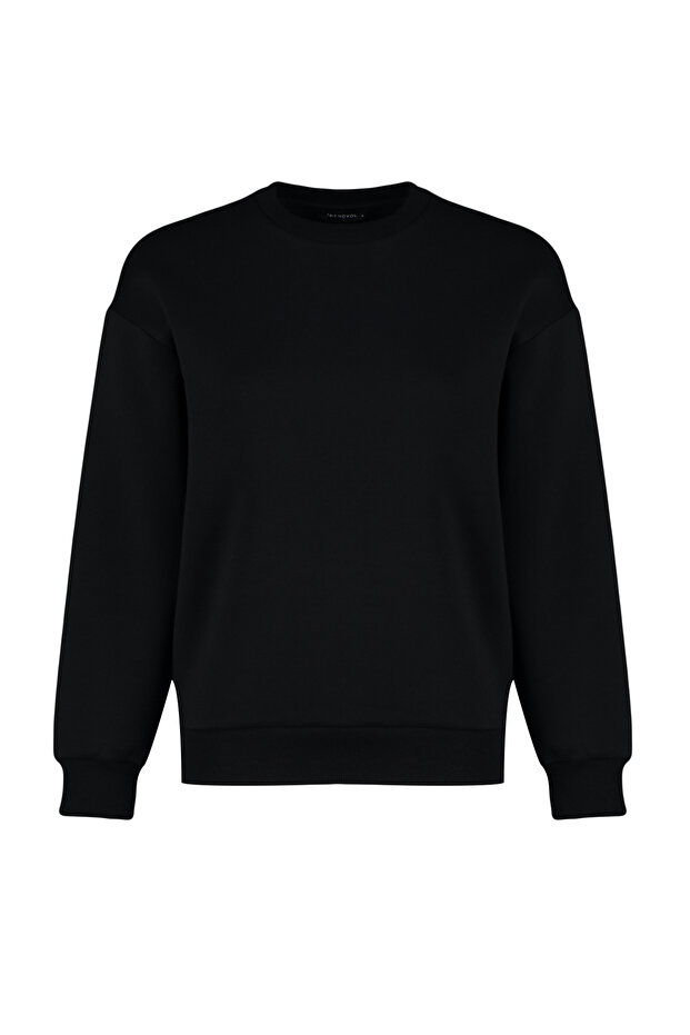 Siyah Kalın İçi Polarlı Regular/Normal Kalıp Bisiklet Yaka Basic Örme Sweatshirt TWOAW24SW00101 - 8