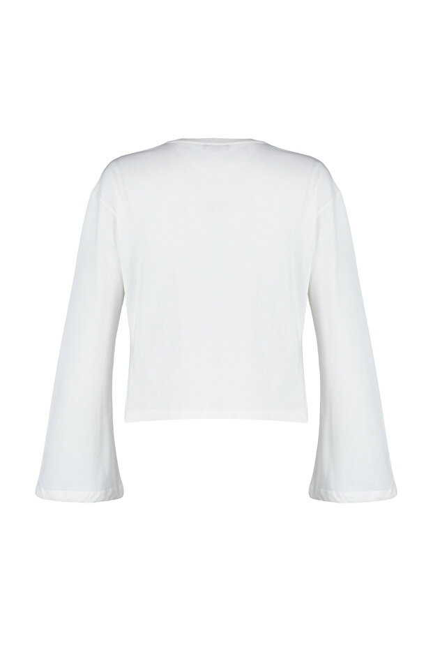 Ekru İspanyol Kol Bisiklet Yaka Regular/Normal Kalıp Örme T-Shirt TWOAW24TS00008 - 8