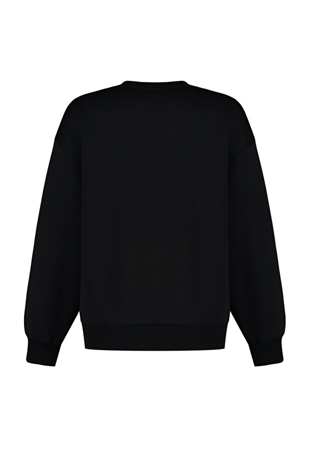 Siyah Kalın İçi Polarlı Regular/Normal Kalıp Bisiklet Yaka Basic Örme Sweatshirt TWOAW24SW00101 - 10