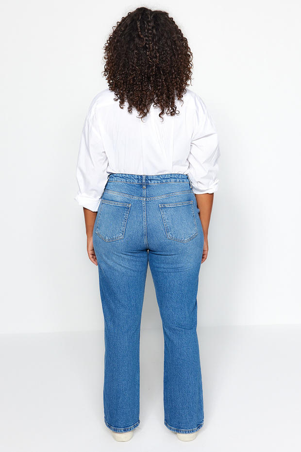 More Sustainable Koyu Mavi Yüksek Bel Comfort/Orta Esnek Straight Fit Jeans TBBAW24CJ00045 - 6