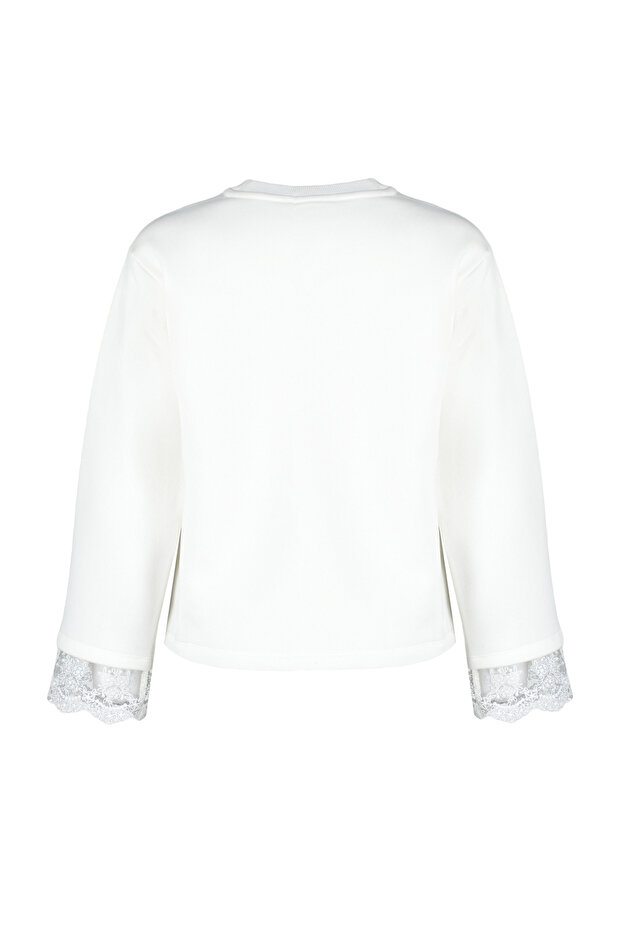 Ekru Dantel Detaylı Kalın İçi Polarlı Oversize/Geniş Kalıp Örme Sweatshirt TWOAW24SW00036 - 8